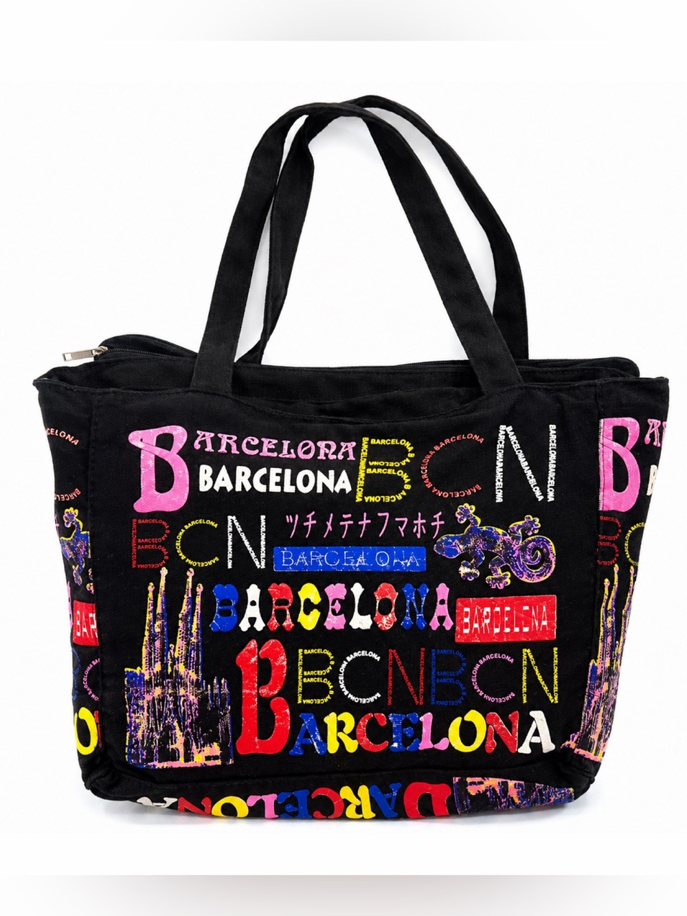 Barcelona Spain Souvenir Travel Tote Bag Large Canvas Shoulder Colorful Zip Top
